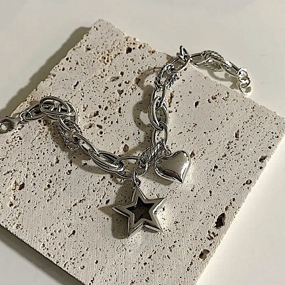 Sterling Silver Heart Star Charm Chain Link Bracelet - Picture 6 of 7
